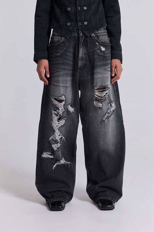 Siyah Yıkamalı Shadow Spine Yırtık Detaylı Gotik Y2K Unisex Baggy Pantolon