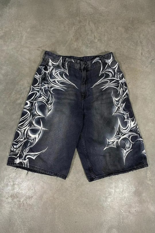Siyah Yıkamalı Tribal Grafiti Gotik Y2K Unisex Şortolon