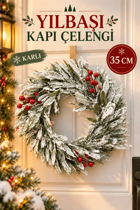 Karlı Yılbaşı Kapı Çelengi 35 cm Kırmızı Meyveli Yeni Yıl Kapı Süsü Dekoratif Çam Dalı Duvar Süsü