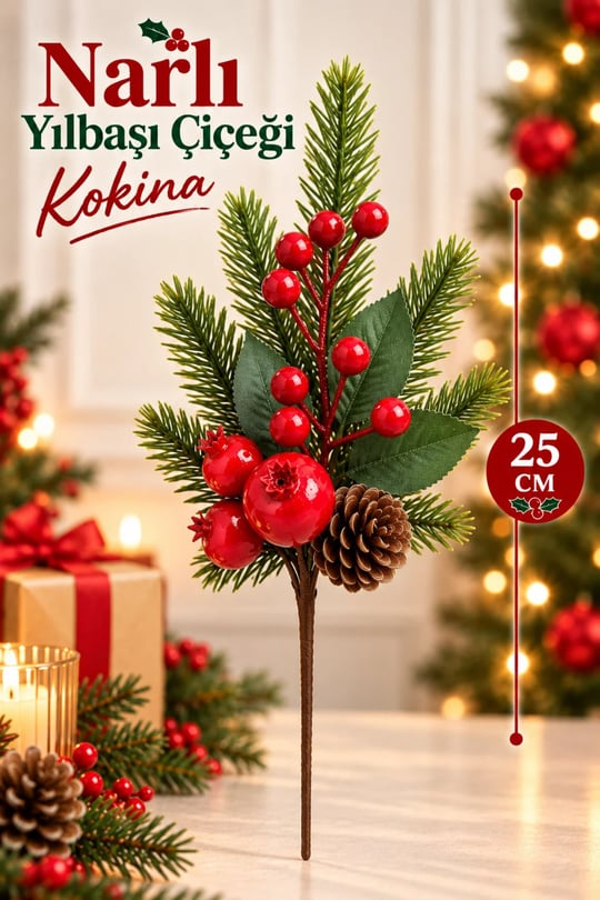 Narlı Yılbaşı Kokina Çiçeği 25 cm Kozalaklı Kırmızı Meyveli Yeni Yıl Dekoratif Çam Dalı Vazo Süsü