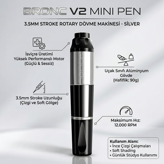 Bronc V2 Mini Pen 3.5mm Stroke Rotary Dövme Makinesi Silver