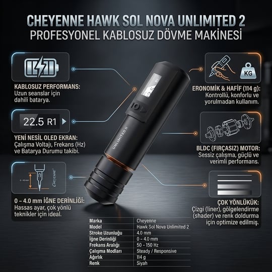 Cheyenne Hawk Sol Nova Unlimited 2 4.0mm Stroke Kablosuz Dövme Makinesi - Siyah