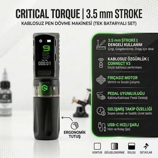 Critical Torque 3.5 mm Stroke Kablosuz Pen Dövme Makinesi – Tek Bataryalı