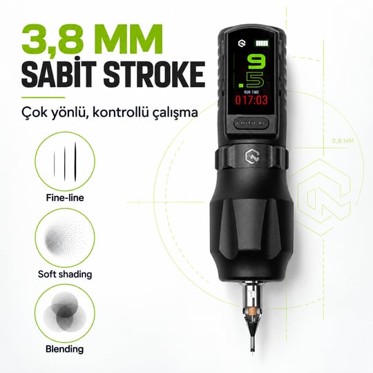 Critical Torque Lite 3.8mm Stroke 40mm Grip V3 Batarya Kablosuz Dövme Makinesi - Siyah