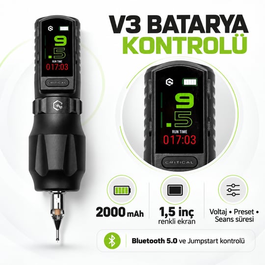 Critical Torque Lite 3.8mm Stroke 40mm Grip V3 Batarya Kablosuz Dövme Makinesi - Siyah
