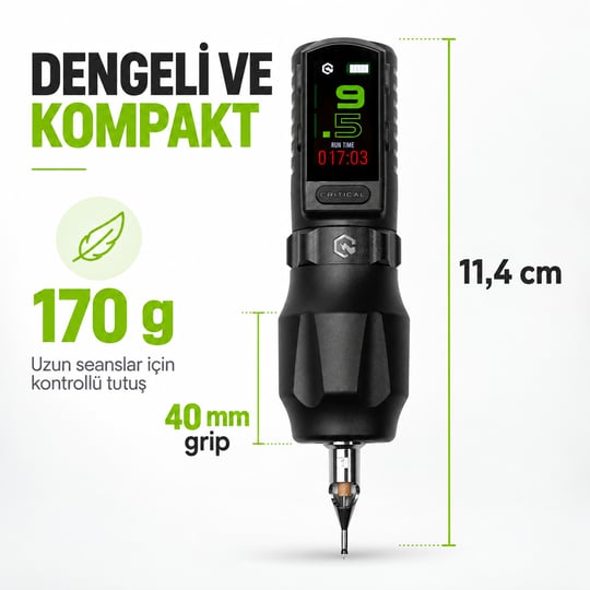 Critical Torque Lite 3.8mm Stroke 40mm Grip V3 Batarya Kablosuz Dövme Makinesi - Siyah