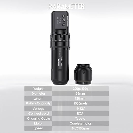 Mast Fold Pro Ayarlanabilir Stroke 2.4–4.2mm Çift Batarya Kablosuz Pen Dövme Makinesi Siyah