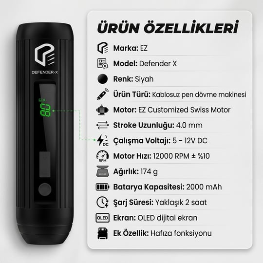 EZ Defender X Black 3.5mm Stroke Kablosuz Dövme Makinesi - Siyah