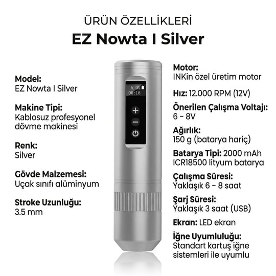 EZ Nowta I Silver 3.5mm Stroke Kablosuz Dövme Makinesi - Gri