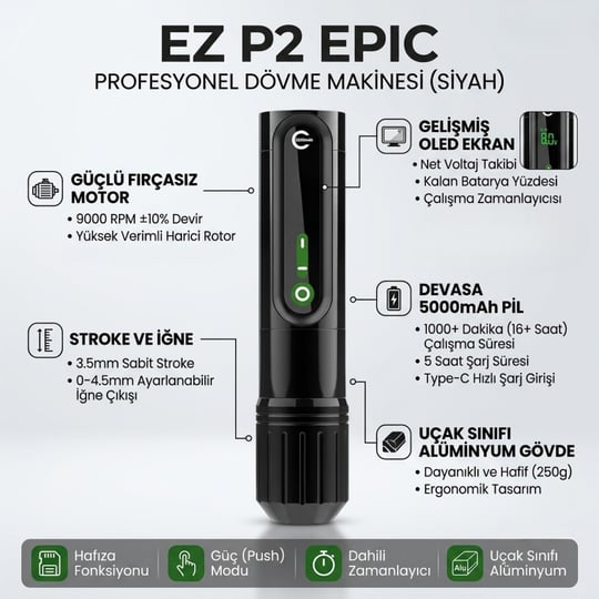 EZ P2 Epic Black 3.5mm Stroke Kablosuz Dövme Makinesi - Siyah