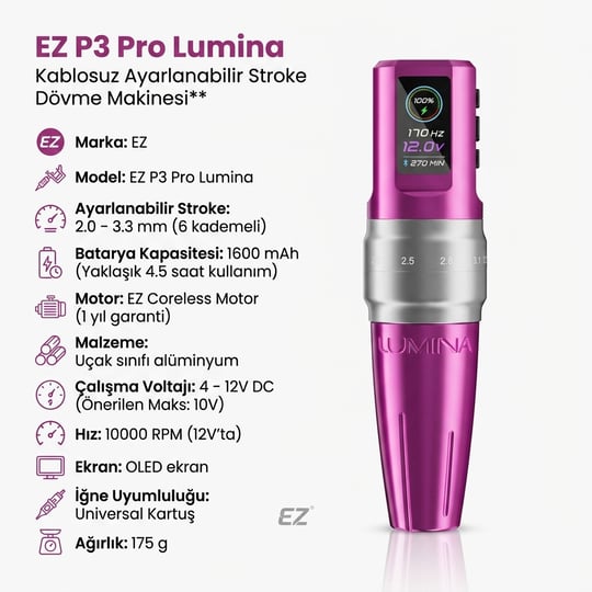 EZ P3 Pro Lumina 2.0–3.3mm Stroke OLED Kablosuz Dövme Makinesi Fuşya
