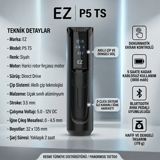 EZ P5 TS 3.5mm Stroke Dokunmatik Ekranlı Kablosuz Pen Dövme Makinesi Siyah