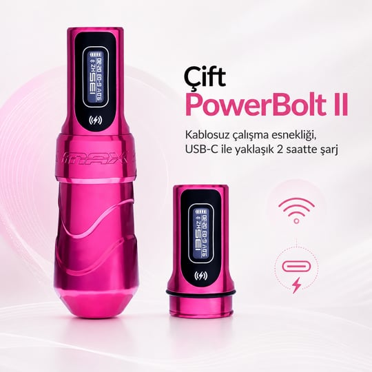 FK Irons Flux Max Bubblegum 3.2mm Stroke Çift Bataryalı Kablosuz Dövme Makinesi - Pembe
