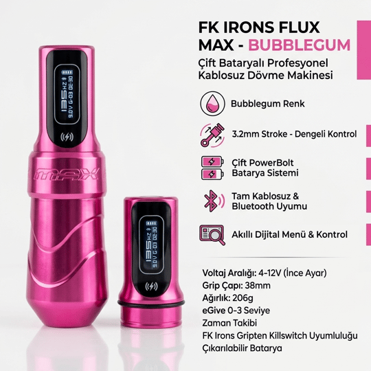 FK Irons Flux Max Bubblegum Çift Bataryalı Kablosuz Dövme Makinesi 3.2mm Stroke