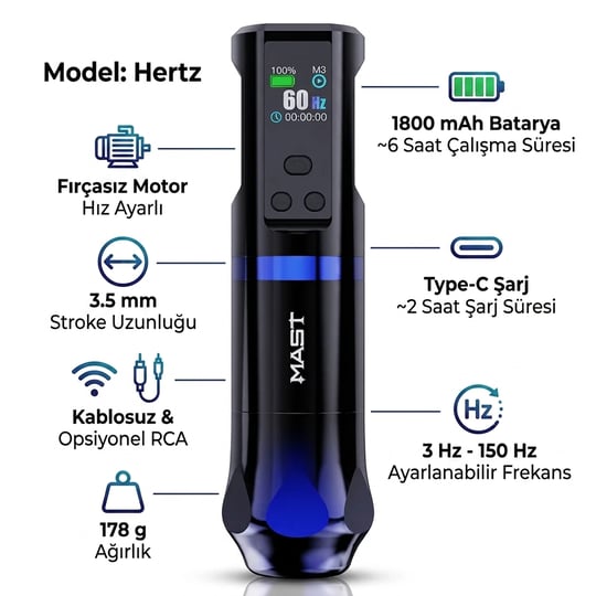 Mast Hertz 3.5mm Stroke Frekans Ayarlı 3Hz - 150Hz Kablosuz Dövme Makinesi - Siyah