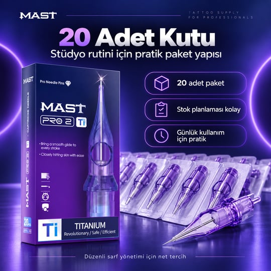 Mast Pro 2 Titanium 1201 RL 1 RL 0.35 mm Round Liner Long Taper Kartuş Dövme İğnesi 20 Adet