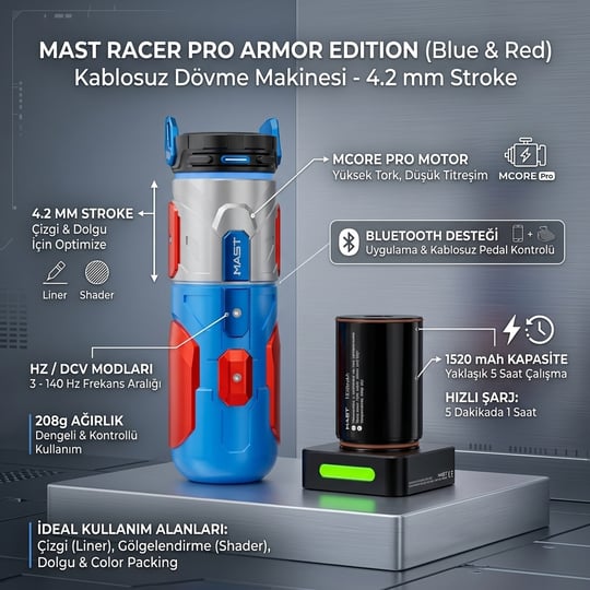 Mast Racer Pro Armor Edition Blue & Red Kablosuz Dövme Makinesi 4.2 mm Stroke