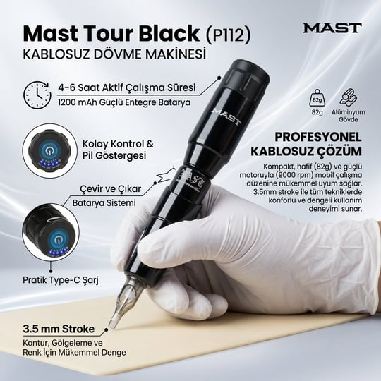 Mast Tour Black 3.5mm Stroke Kablosuz Dövme Makinesi - Siyah