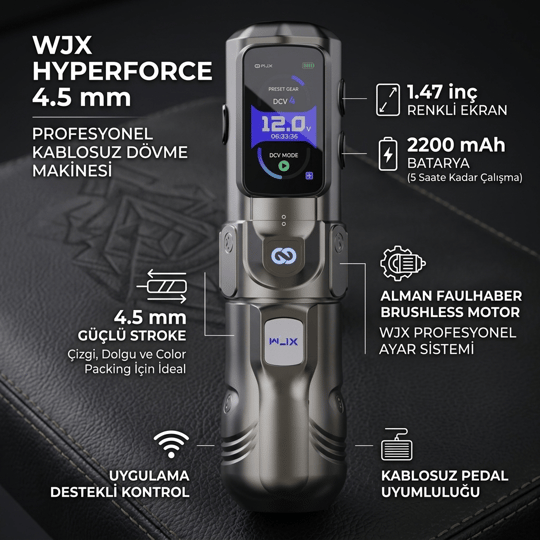 WJX HyperForce 4.5mm Stroke Kablosuz Dövme Makinesi - Siyah