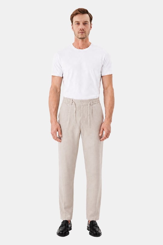 Bej Keten Görünümlü Arka Lastikli Köprü Kemerli Bağcıklı Regular Fit Jogger Pantolon