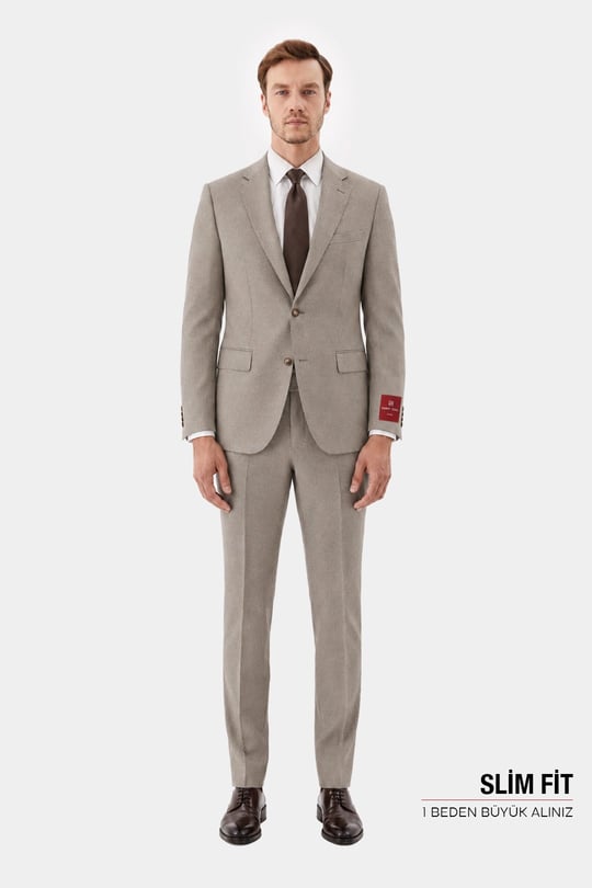 Bej Slim Fit Normal Bel 6 Drop Mono Yaka Takım Elbise