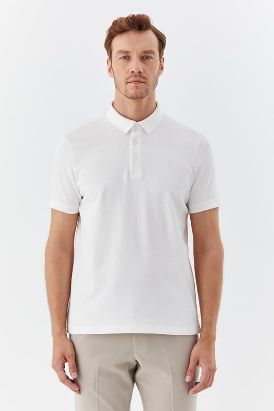 Ekru 100% Pamuk Çıtçıt Kapama Polo Yaka Kısa Kollu T-shirt