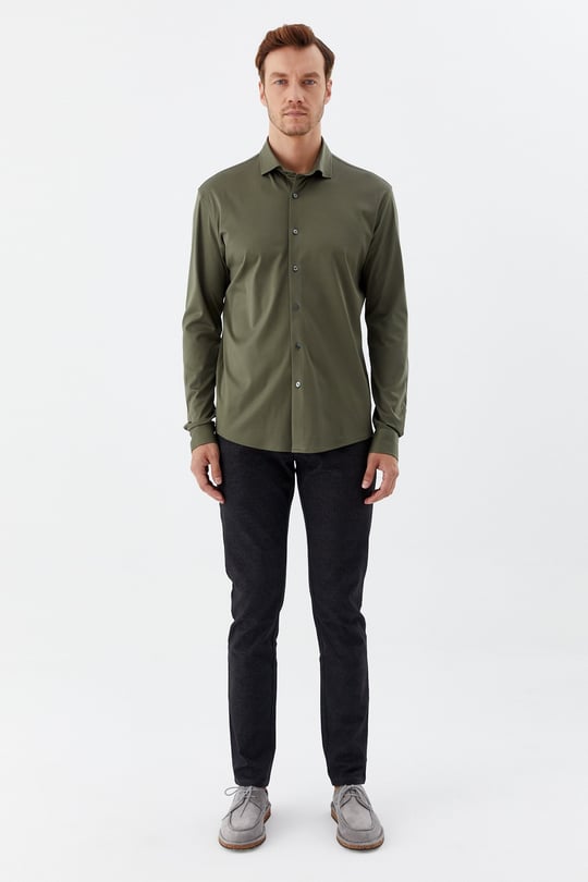 Haki %100 Pamuk Slim Fit Klasik Yaka Uzun Kollu Gömlek