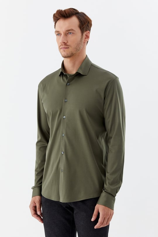Haki %100 Pamuk Slim Fit Klasik Yaka Uzun Kollu Gömlek