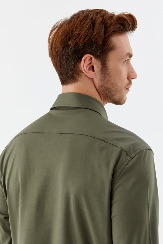 Haki %100 Pamuk Slim Fit Klasik Yaka Uzun Kollu Gömlek
