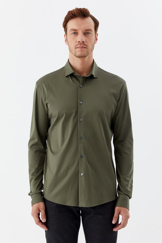 Haki %100 Pamuk Slim Fit Klasik Yaka Uzun Kollu Gömlek