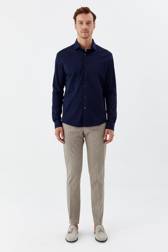 Lacivert %100 Pamuk Slim Fit Klasik Yaka Uzun Kollu Gömlek