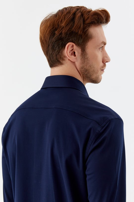 Lacivert %100 Pamuk Slim Fit Klasik Yaka Uzun Kollu Gömlek