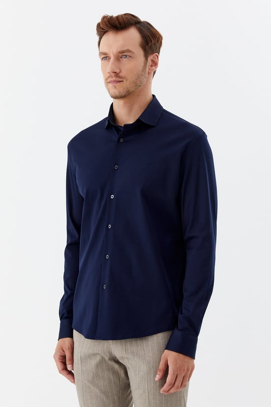 Lacivert %100 Pamuk Slim Fit Klasik Yaka Uzun Kollu Gömlek