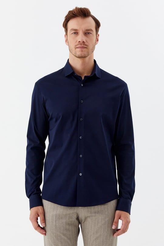 Lacivert %100 Pamuk Slim Fit Klasik Yaka Uzun Kollu Gömlek