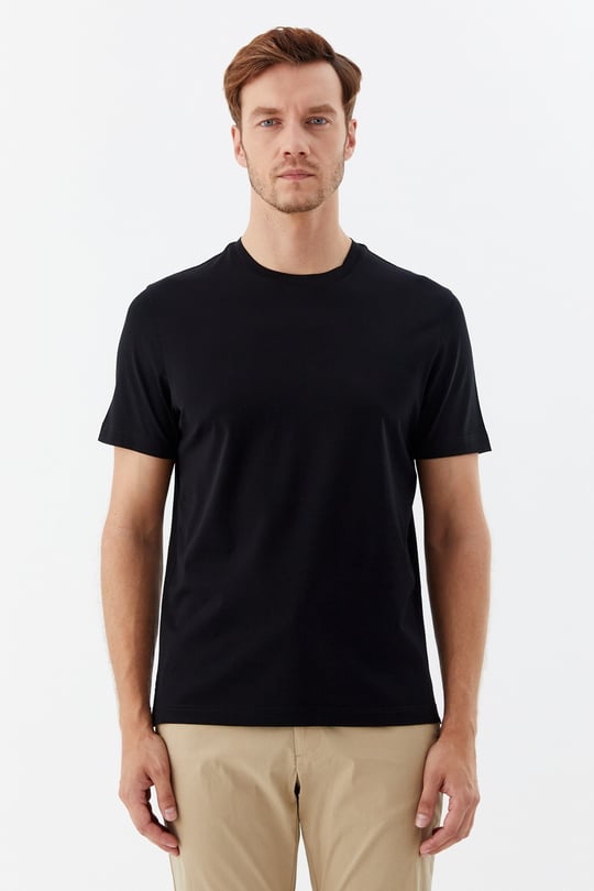 Siyah %100 Pamuk Regular Fit Bisiklet Yaka Basic T-shirt