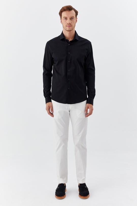Siyah %100 Pamuk Slim Fit Klasik Yaka Uzun Kollu Gömlek
