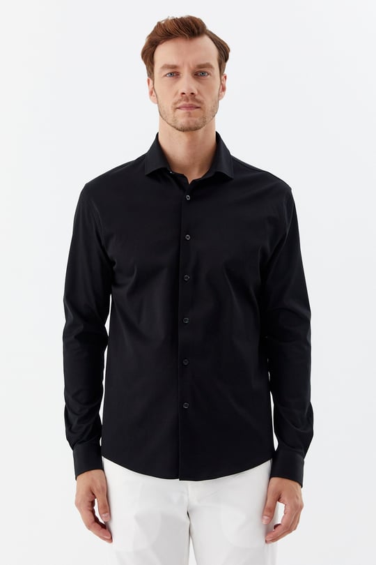 Siyah %100 Pamuk Slim Fit Klasik Yaka Uzun Kollu Gömlek