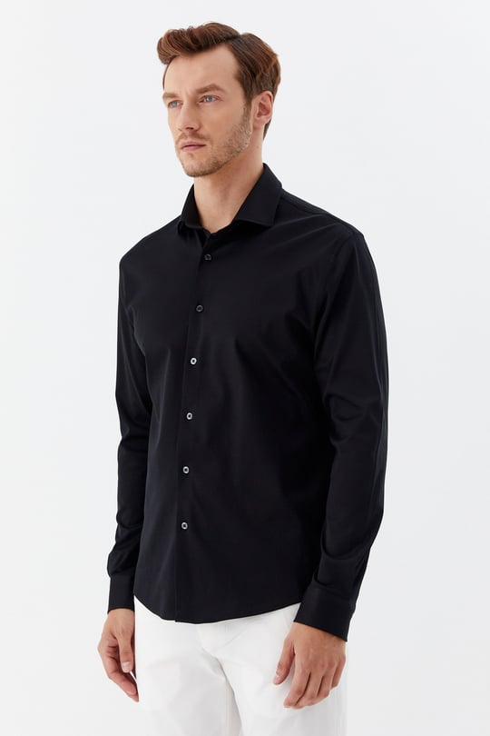 Siyah %100 Pamuk Slim Fit Klasik Yaka Uzun Kollu Gömlek