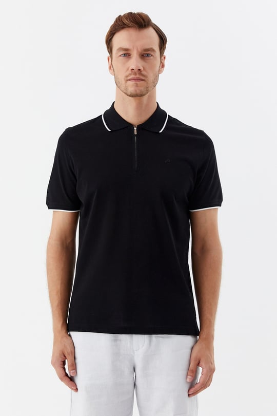 Siyah Regular Fit %100 Pamuk Fermuarlı Polo Yaka T-shirt