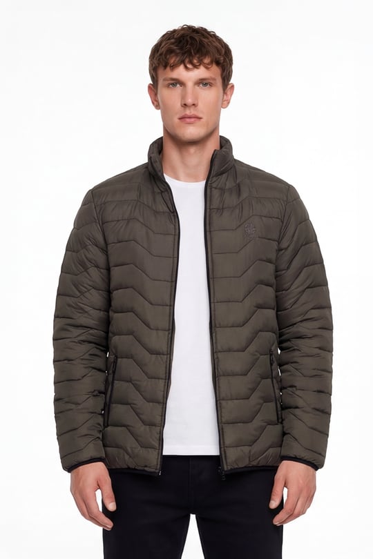 Haki Slim Fit Fermuarlı Dik Yaka Kapüşonsuz Mont