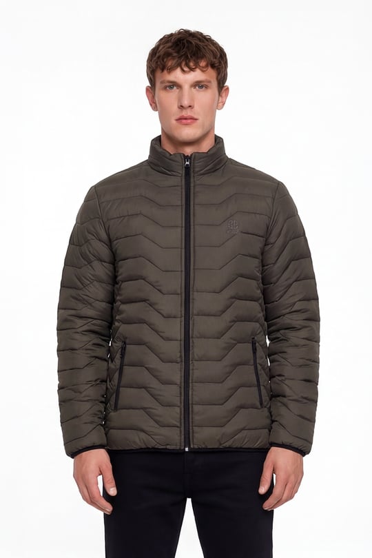 Haki Slim Fit Fermuarlı Dik Yaka Kapüşonsuz Mont