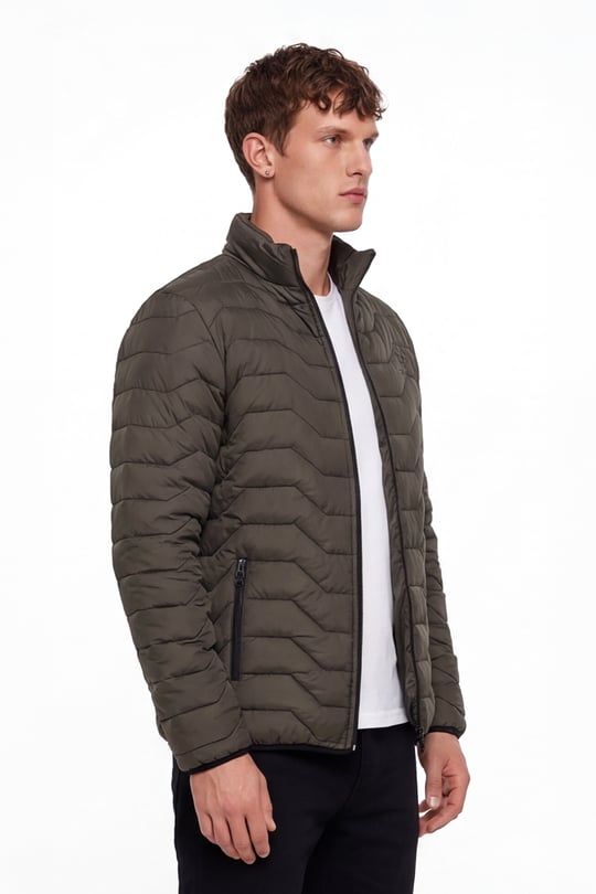 Haki Slim Fit Fermuarlı Dik Yaka Kapüşonsuz Mont