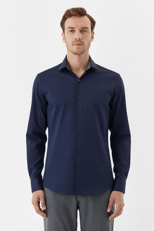 Lacivert %100 Pamuk Slim Fit Dokuma Uzun Kollu Klasik Yaka Gömlek