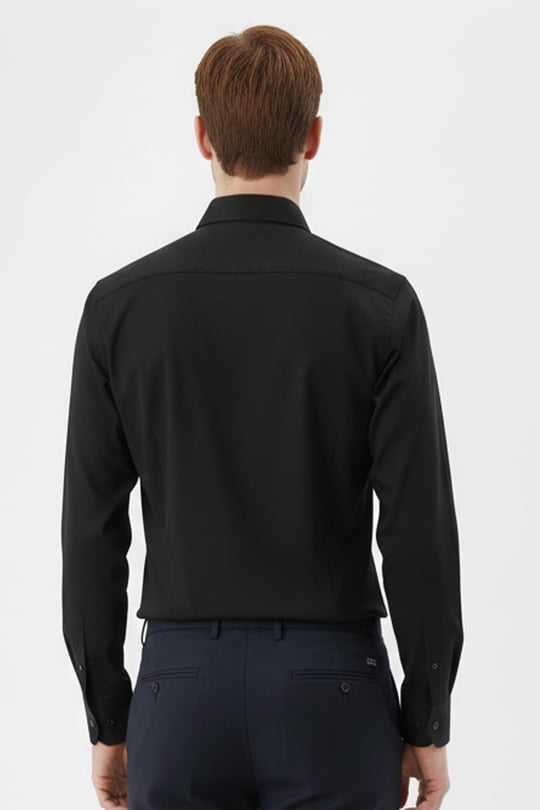 Siyah %100 Pamuk Slim Fit Dokuma Uzun Kollu Klasik Yaka Gömlek