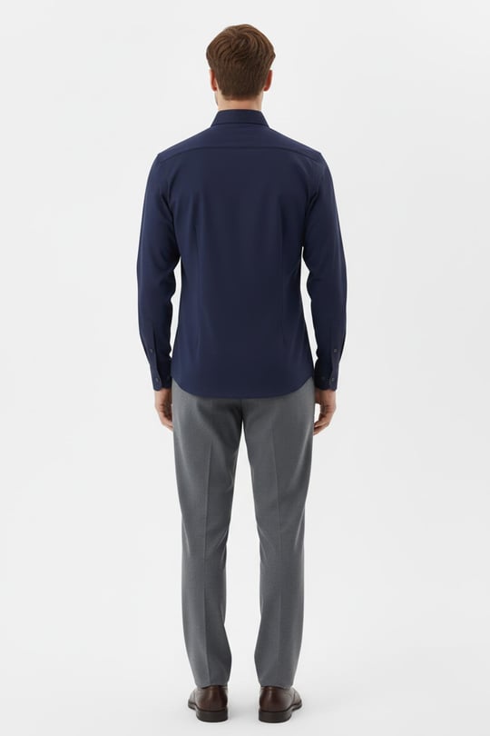 Lacivert %100 Pamuk Slim Fit Dokuma Uzun Kollu Klasik Yaka Gömlek