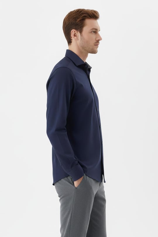 Lacivert %100 Pamuk Slim Fit Dokuma Uzun Kollu Klasik Yaka Gömlek
