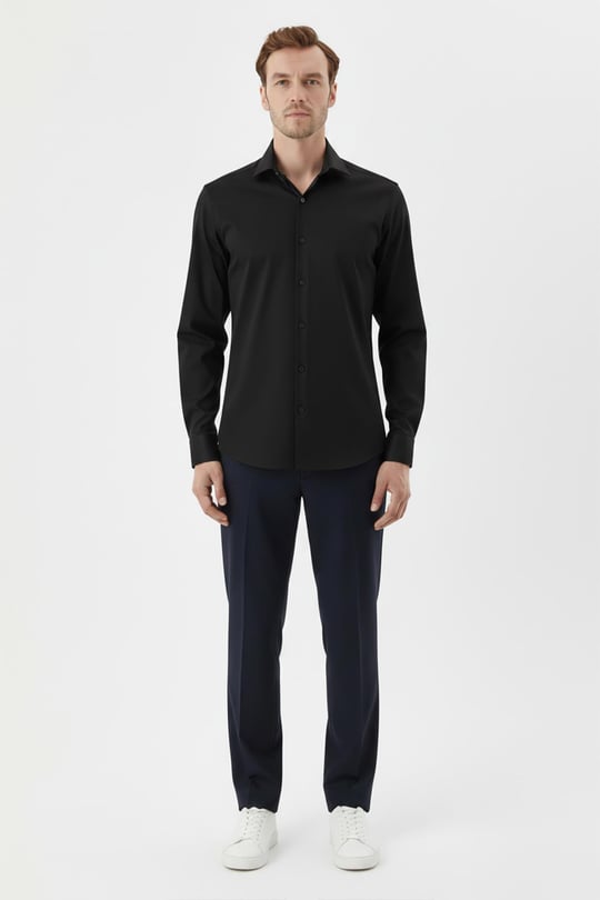 Siyah %100 Pamuk Slim Fit Dokuma Uzun Kollu Klasik Yaka Gömlek