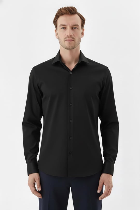 Siyah %100 Pamuk Slim Fit Dokuma Uzun Kollu Klasik Yaka Gömlek