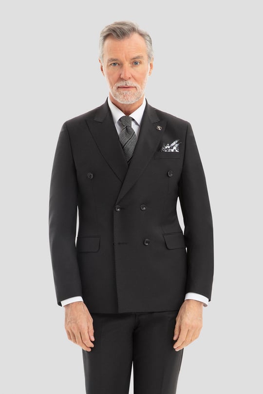 Erkek Siyah Dar Kesim Slim Fit Yünlü Kruvaze Sivri Yaka 6 Drop Takım Elbise