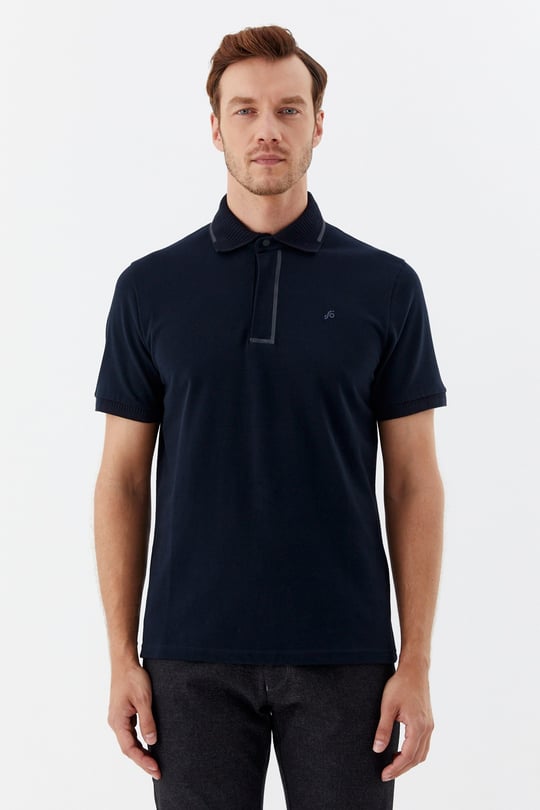 Lacivert %100 Pamuk Gizli Fermuarlı Polo Yaka T-shirt 